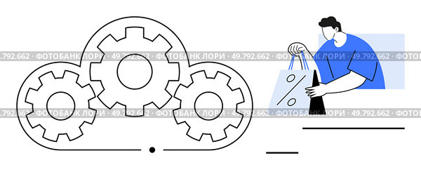 Cloud computing gears symbolize integration a person holds shopping bags. Ideal for digital business, retail technology, e-commerce, cloud services, online shopping, customer experience, automation. Cloud integration of e-commerce with a person holding shopping bags. Стоковая иллюстрация, агентство Ingram Publishing / Фотобанк Лори