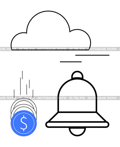 Cloud, falling coins with dollar signs, notification bell. Ideal for cloud services, financial alerts, notifications, online transactions, fintech savings investments. Line metaphor. Cloud Storage Notification with Coin Drop Signifying Financial Alerts and Updates. Стоковая иллюстрация, агентство Ingram Publishing / Фотобанк Лори