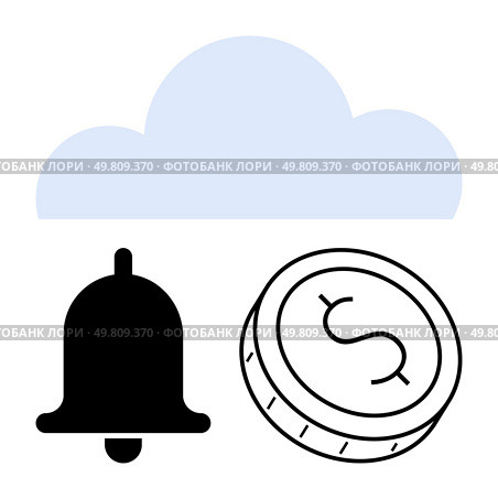 Cloud icon above bell and coin symbol. Ideal for cloud computing, fintech, alerts, notifications, financial tech, cloud storage, and online banking themes. Line metaphor. Cloud Technology Integration with Financial Alerts and Notifications. Стоковая иллюстрация, агентство Ingram Publishing / Фотобанк Лори