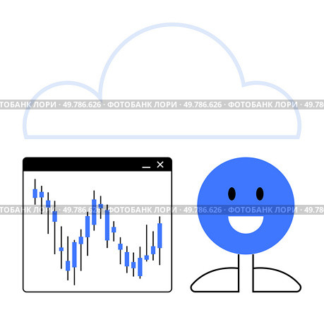 Cloud outline above, a cheerful blue stick figure, and a stock market graph with fluctuating blue and black lines. Ideal for cloud computing, finance, stock market, data analysis, technology. Cloud Computing Representation with Smiling Figure and Stock Market Analysis Graph. Стоковая иллюстрация, агентство Ingram Publishing / Фотобанк Лори