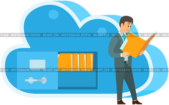 Cloud storage technology concept. People stacking folders with information to online storage cell isolated on white background. Memory drive equipment, hardware. Remote servers in use of clients. Cloud storage technology concept. Man folds documents with information to online storage cell. Стоковая иллюстрация, агентство Ingram Publishing / Фотобанк Лори
