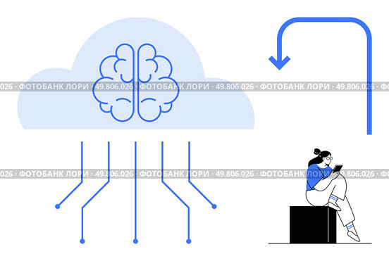 Cloud with brain symbol and connecting lines representing AI integration. Person using tablet, pondering next steps. Ideal for tech, AI, cloud computing, innovation, research, data management. Cloud Computing and Artificial Intelligence Integration with User Interaction Analysis. Стоковая иллюстрация, агентство Ingram Publishing / Фотобанк Лори