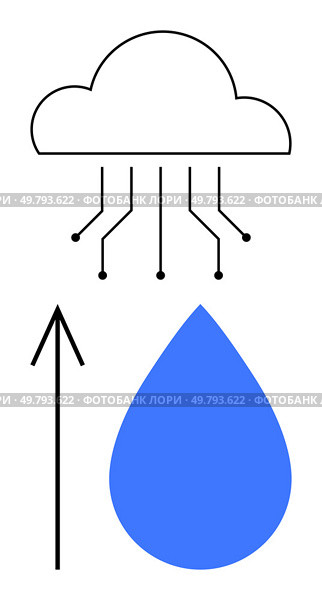 Cloud with circuit lines pointing towards a blue raindrop, upward arrow. Ideal for cloud computing, data storage, technology, weather data, uploads, connectivity innovation themes. Line metaphor. Cloud Computing Up Arrow with Blue Raindrop for Data Upload Concept. Стоковая иллюстрация, агентство Ingram Publishing / Фотобанк Лори