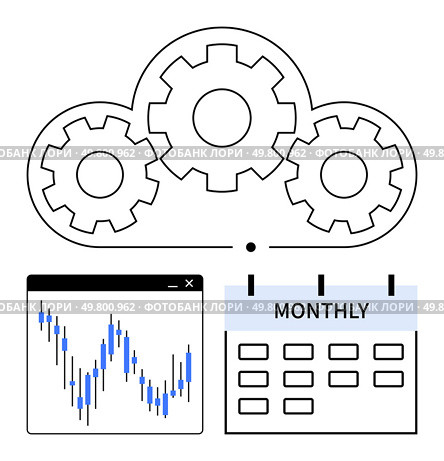 Cloud with gears representing technology integration above a fluctuating data graph and a monthly calendar. Ideal for data analytics, cloud computing, process management, business planning. Cloud Technology Integration with Monthly Data Analysis and Gears for Process Optimization. Стоковая иллюстрация, агентство Ingram Publishing / Фотобанк Лори