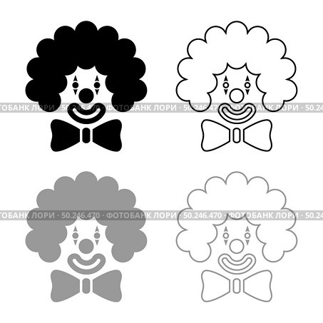 Clown face head with big bow and curly hair Circus carnival funny invite concept icon outline set black grey color vector illustration flat style simple image. Clown face head with big bow and curly hair Circus carnival funny invite concept icon outline set black grey color vector illustration flat style image. Стоковая иллюстрация, агентство Ingram Publishing / Фотобанк Лори