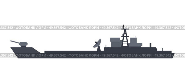Coast Guard Cutter Flat Design Vector Illustration. Military warship vector. Coast guard cutter with small-caliber cannon on turret flat illustration isolated on white background. Navy armored boat. For military concept, infographics, icon, web design. Стоковая иллюстрация, агентство Ingram Publishing / Фотобанк Лори