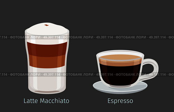 Coffee cups with Latte Macchiato and Espresso on grey background with name signs under each. Kinds of Italian coffee. Minimalist isolated vector illustration of hot drinks for coffee shops and cafes.. Latte Macchiato and Espresso Coffee Illustration. Стоковая иллюстрация, агентство Ingram Publishing / Фотобанк Лори