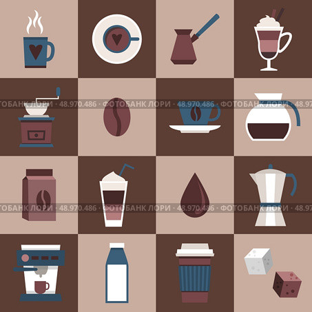 Coffee flat icons set with cup mug hot dring pot turk pouch jar isolated vector illustration. Стоковая иллюстрация, агентство Ingram Publishing / Фотобанк Лори