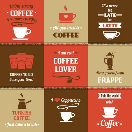 Coffee latte frappe cappuccino mini poster set isolated vector illustration. Стоковая иллюстрация, агентство Ingram Publishing / Фотобанк Лори