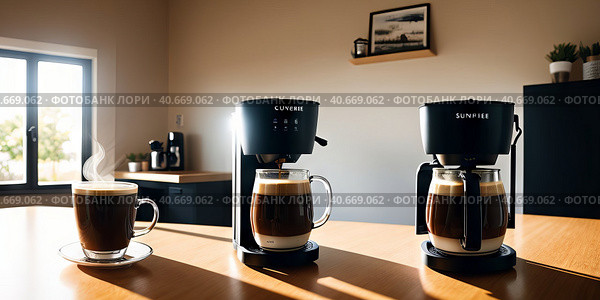 coffee machine with cup of fresh espresso coffee near it on wooden kitchen counter with interesting perspective, with cup and cappuccino automat in focus and blurred background. Generative AI. Стоковое AI-изображение, AI-художник Sergey Grishin / Фотобанк Лори