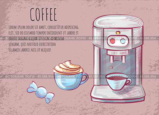Coffee machine with mug, cup with whipped cream. Automatic equipment for making java, drawing postcard with aroma drink, sketch of shop card vector. Aroma Drink, Coffee Machine, Cappuccino Vector. Стоковая иллюстрация, агентство Ingram Publishing / Фотобанк Лори