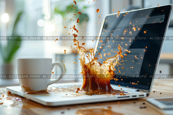 Coffee spills dramatically on an open laptop, causing a splash on a wooden table in a cozy workspace during daylight hours. Стоковое AI-изображение, AI-художник Sergey Grishin / Фотобанк Лори