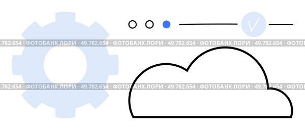 Cogwheel, cloud outline, and selection indicators including blue dot and checkmark. Ideal for technology, cloud computing, data storage, IT services, process management, digital transformation. Cloud Computing Concept with Cogwheel, Cloud, and Selection Indicators in Minimal Design. Стоковая иллюстрация, агентство Ingram Publishing / Фотобанк Лори