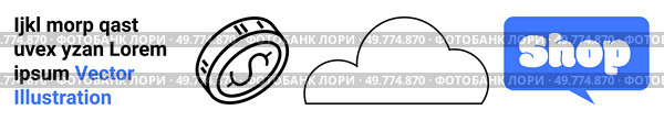 Coin icon cloud shape and speech bubble with Shop text on white background Ideal for, online stores e-commerce websites shopping platforms technology cloud storage and digital transactions Banner. Simple E-commerce Banner with Coin Icon Cloud Shape and Shop Speech Bubble for Online Storefronts. Стоковая иллюстрация, агентство Ingram Publishing / Фотобанк Лори