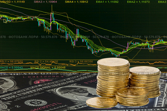 Coins and dollars on background stock ticker. Digital collage. Стоковое фото, агентство Ingram Publishing / Фотобанк Лори