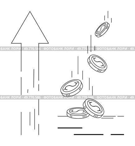 Coins falling next to an upward arrow. Ideal for economic growth, finance, profits, revenue increase, market success. Digital, minimalist style. Economic Growth with Rising Profits and Revenue Graph Symbols, Conceptual Diagram. Стоковая иллюстрация, агентство Ingram Publishing / Фотобанк Лори