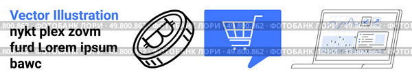 Coins, shopping cart, laptop with analytics symbolize e-commerce. Ideal for finance, digital marketing, business development, online shopping, retail sales, economic trends, data analysis. Landing. E-commerce Growth with Currency, Shopping Cart, and Data Analytics Elements. Стоковая иллюстрация, агентство Ingram Publishing / Фотобанк Лори