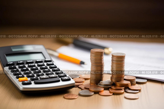 Coins stacked on wooden table with calculator and pen showing increasing profit. Стоковое AI-изображение, AI-художник Иван Рябоконь / Фотобанк Лори