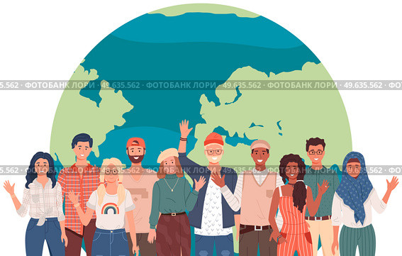 Collaboration between countries. People in national clothes stand on background of planet. Multicultural characters show greeting gesture. Representatives of world cultures waving hands near earth. People in national clothes stand on background of planet. Characters waving hands near earth. Стоковая иллюстрация, агентство Ingram Publishing / Фотобанк Лори