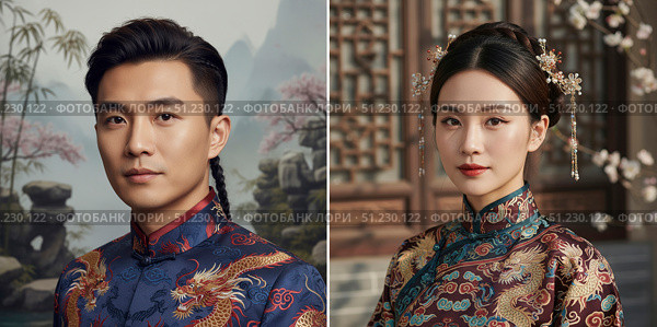Collage - Chinese. Portrait of a couple in national costumes. Generated by AI. Стоковое AI-изображение, AI-художник Андрей Аркуша / Фотобанк Лори