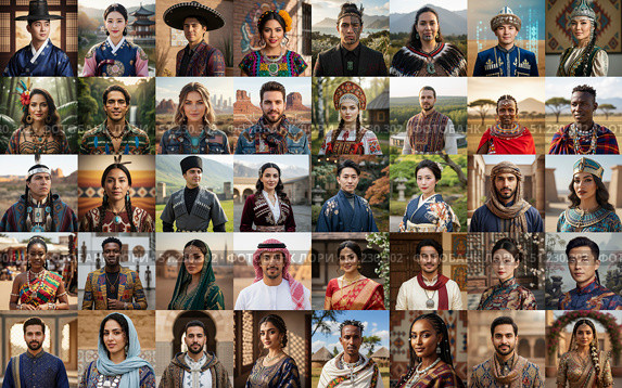 Collage of people from different countries and nationalities. Generated by AI. Стоковое AI-изображение, AI-художник Андрей Аркуша / Фотобанк Лори