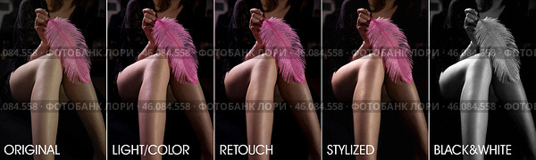 Collage set image of before and after chic skin processing by photo editors. Perfect woman legs with soft feather before and after retouching. Edited photos being compared concept. Copy ad text space. Стоковое фото, фотограф Aleksandr Golubev / Фотобанк Лори