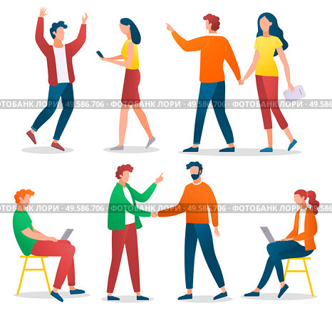 Collection of businesspeople and friends. Set of personages shaking hand. Woman and man using laptop working on freelance. Male and female with mobile phone discussing problems, vector in flat. Workers and Friends Collection, Business Character. Стоковая иллюстрация, агентство Ingram Publishing / Фотобанк Лори