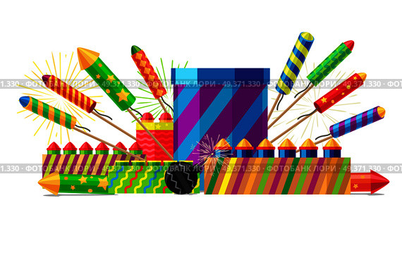 Collection of different types of pyrotechnics on white. Vector illustration of colourful firework rockets in cartoon style flat design. New Year attributes Christmas decorations firecrackers.. Collection of Different Types of Pyrotechnics. Стоковая иллюстрация, агентство Ingram Publishing / Фотобанк Лори