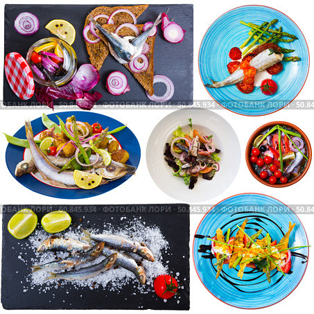 Collection of dishes of small fish. Стоковое фото, фотограф Яков Филимонов / Фотобанк Лори