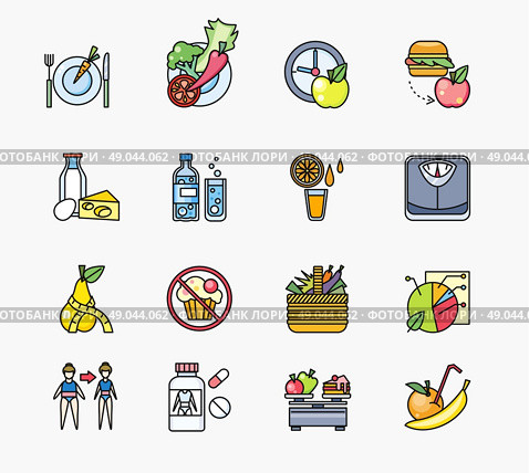 Collection of icons on theme diet. Food healthy, fruit apple, fresh, ingredient vitamin vegetarian, vegetable and pills, organic juicy, ripe orange, freshness citrus, calorie and water, illustration. Стоковая иллюстрация, агентство Ingram Publishing / Фотобанк Лори