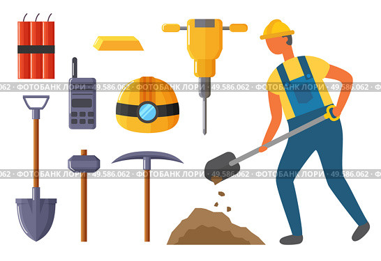 Collection of instruments and objects used by miner working in mining industry. Dynamite and shovel, hammer and pickaxe. Helmet with flashlight and drill or borehole. Isolated tools set vector in flat. Miner and Mining Industry Equipments Kit Vector. Стоковая иллюстрация, агентство Ingram Publishing / Фотобанк Лори