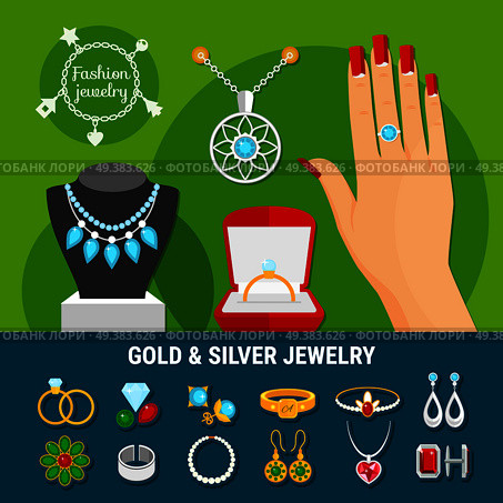 Collection of jewelry icons with fashion gold and silver rings, earrings, brooch, studs, bangles isolated vector illustration. Jewelry Icons Collection. Стоковая иллюстрация, агентство Ingram Publishing / Фотобанк Лори