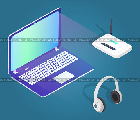 Collection of modern gadgets and equipments. Laptop with glowing screen and modem, big headphones. PC for work or education. Innovative technologies with wide monitor, vector in isometric style. Laptop and Modem, Headphones Gadgets Set Isometric. Стоковая иллюстрация, агентство Ingram Publishing / Фотобанк Лори