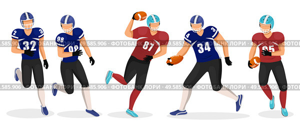 Collection of people playing gridiron in teams. Competition between members. American football players involved in aggressive kind of sports. Running athletes and tossing ball, vector in flat style. Gridiron Players Set, American Football Game Hobby. Стоковая иллюстрация, агентство Ingram Publishing / Фотобанк Лори