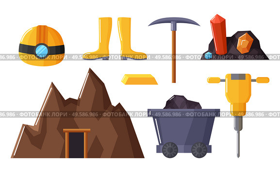 Collection of tools and instruments for mining instruments. Isolated icons of wellingtons, pickaxe and gemstones. Mine and carriage with coals, drill or auger and helmet with flashlight vector. Mining Industry Equipments and Objects Vector. Стоковая иллюстрация, агентство Ingram Publishing / Фотобанк Лори