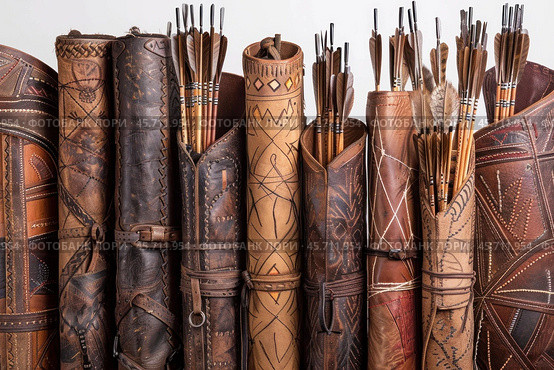 Collection of traditional leather quivers holding arrows. Стоковое AI-изображение, AI-художник Иван Рябоконь / Фотобанк Лори