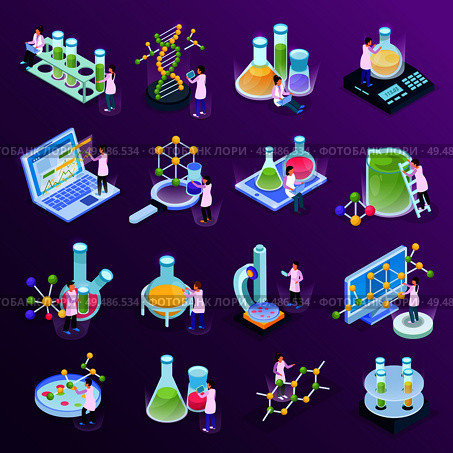 Collection with science research isometric glow icons with colourful liquids in glass tubes computers amd molecules vector illustration. Стоковая иллюстрация, агентство Ingram Publishing / Фотобанк Лори