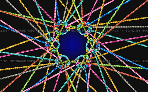 Collective Unity and Group cohesion concept and teamwork as a business metaphor for joining a team as diverse groups of ropes connected together as a corporate symbol for cooperation and working collaboration. Стоковое фото, агентство Ingram Publishing / Фотобанк Лори