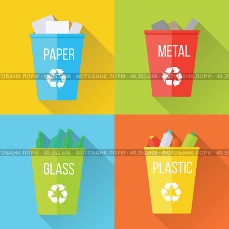 Color Recycle Garbage Bins with Glass. Color recycle garbage bins with paper, glass, plastic, metal. Reuse or reduce symbol with long shadow. Plastic recycle trash can. Trash can icon in flat. Waste recycling. Environmental protection. Стоковая иллюстрация, агентство Ingram Publishing / Фотобанк Лори