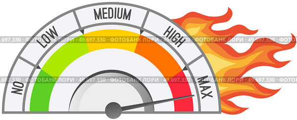 Color scale with arrow from red to green and caliber of emotions, deadline concept, tense, incandescent situation. Measuring device tachometer, speedometer. Stress scale, lack of time, lateness. Color scale with arrow from red to green. Measuring device with sectors from low to maximum. Стоковая иллюстрация, агентство Ingram Publishing / Фотобанк Лори