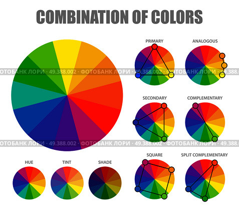 Color theory with hue tint shades wheels for primary secondary and supplementary combinations schemes poster vector illustration . Color Combination Scheme Poster. Стоковая иллюстрация, агентство Ingram Publishing / Фотобанк Лори