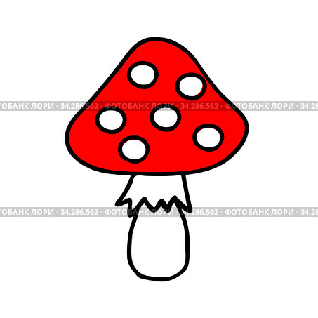 Colored hand-drawn vector illustration of One red fresh mushroom Fly agaric isolated on a white background. Стоковая иллюстрация, иллюстратор Татьяна Куклина / Фотобанк Лори
