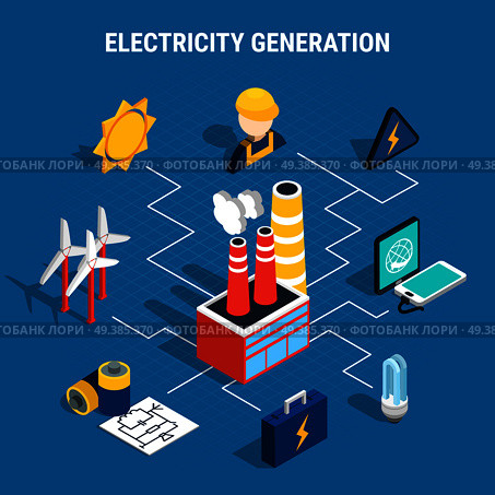 Colored isolated isometric electricity composition with electricity generation description and chart elements . Isometric Electricity Composition. Стоковая иллюстрация, агентство Ingram Publishing / Фотобанк Лори