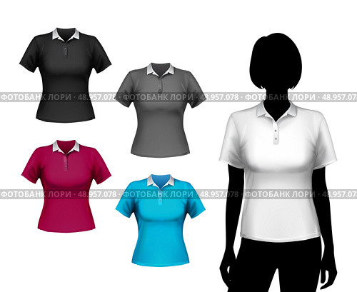Colored polo short sleeve t-shirts female set with woman body silhouette isolated vector illustration. Стоковая иллюстрация, агентство Ingram Publishing / Фотобанк Лори
