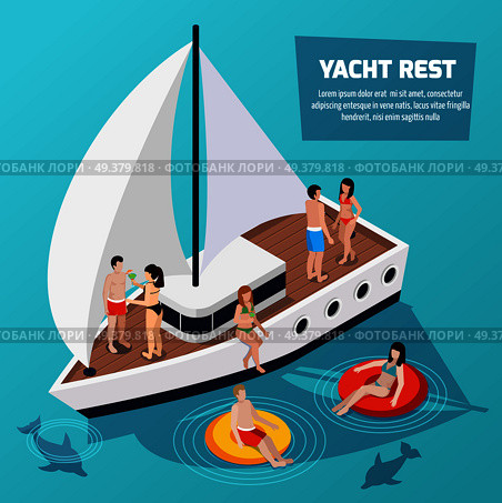 Colored water park aquapark isometric composition with swimming and relaxing people on a yacht vector illustration. Water Park Aquapark Isometric Composition. Стоковая иллюстрация, агентство Ingram Publishing / Фотобанк Лори