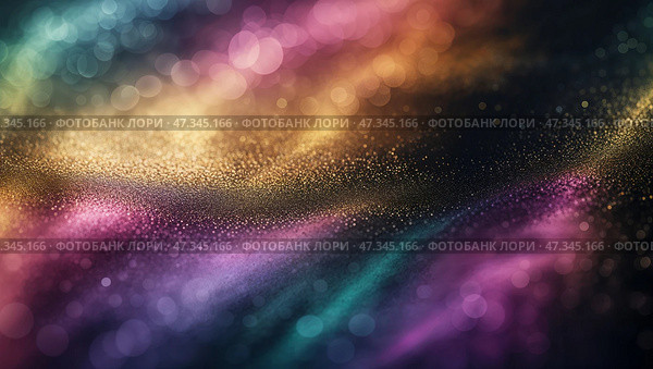 Colorful abstract design with shimmering lights creating a mystical atmosphere in a dark setting. Стоковое AI-изображение, AI-художник Сергей Толмачёв / Фотобанк Лори