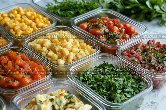 Colorful array of fresh ingredients for meal preparation on a countertop. Яркое ассорти овощей и трав аккуратно разложено в прозрачных контейнерах, готовых к приготовлению. Ингредиенты включают кукурузу, помидоры, зелень и многое другое, демонстрируя свежесть и разнообразие. Стоковое AI-изображение, AI-художник Katsiaryna Repich / Фотобанк Лори