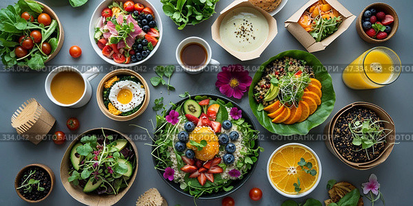 Colorful assortment of healthy meals arranged on a table in a bright setting during midday. Стоковое AI-изображение, AI-художник Сергей Толмачёв / Фотобанк Лори