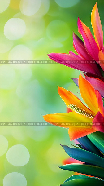 Colorful blooms shine in a vibrant garden, framed by soft, blurred greenery. Стоковое AI-изображение, AI-художник Елена Старчак / Фотобанк Лори