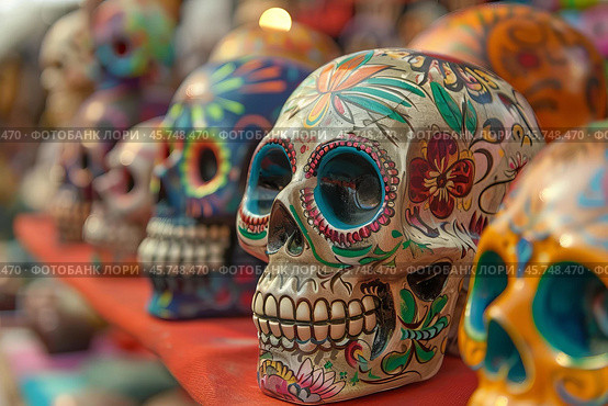 Colorful calaveras skulls celebrating day of the dead festivities in mexico. Стоковое AI-изображение, AI-художник Иван Рябоконь / Фотобанк Лори
